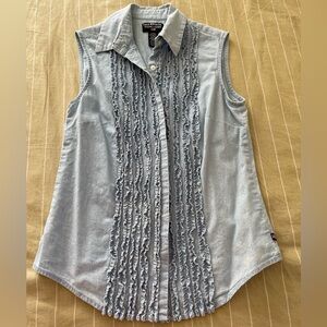 Ralph Lauren Sleeveless Light Blue Ruffled Front Button Shirt Casual Women’s Top